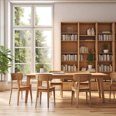 Modern dining room with white walls, wooden floor, long wooden table with chairs and bookcaseの素材