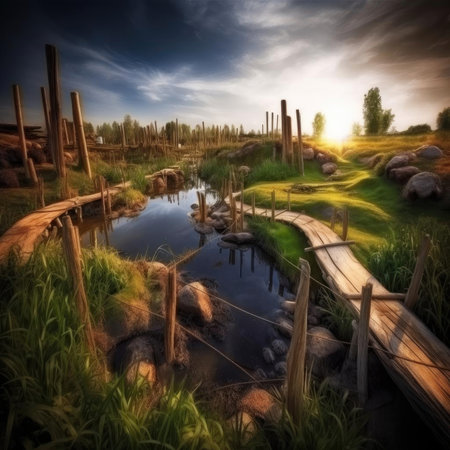 Wooden bridge over a river at sunset - 3D rendered illustrationの素材