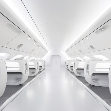 Fantasy interior of a luxurious airplane with white seatsの素材