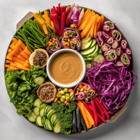 Bowl with fresh vegetables and sauce on light background, top viewの素材