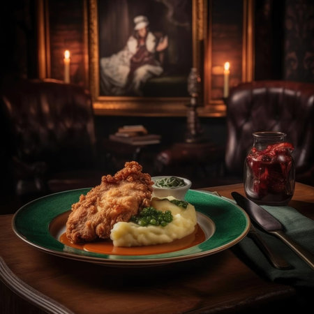 Mashed potatoes with fried chicken on a green plate in a restaurantの素材