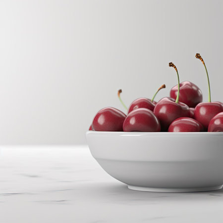 Fresh cherries in bowl on white marble tableの素材