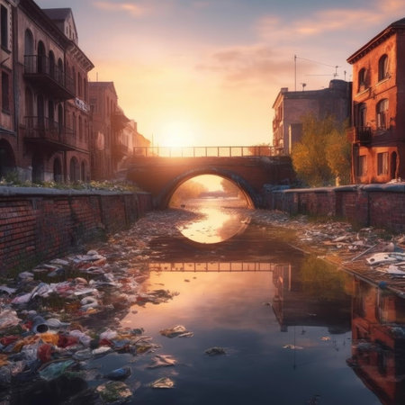 Old bridge over a river with lots of garbage at sunset - concept of climate changesの素材