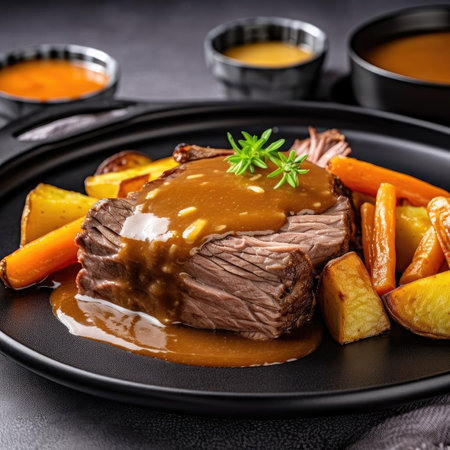 Beef bourguignon with caramelized carrots and potatoes on black plateの素材