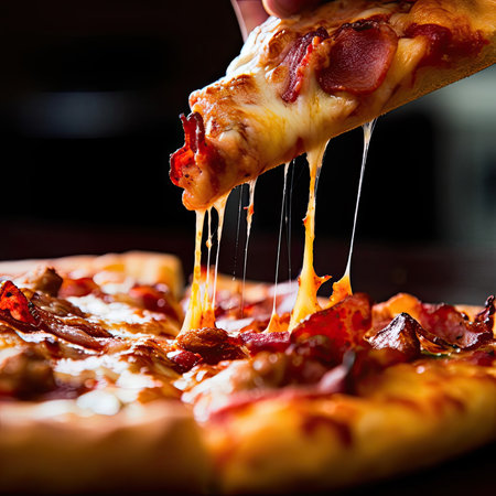 Pizza with bacon, cheese, and tomato sauceの素材