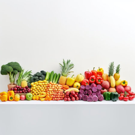 Fruits and vegetables on a shelf against a white wallの素材