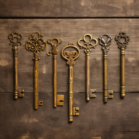 Vintage keys on wooden backgroundの素材