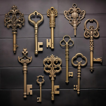 Vintage golden keys on a black wooden backgroundの素材