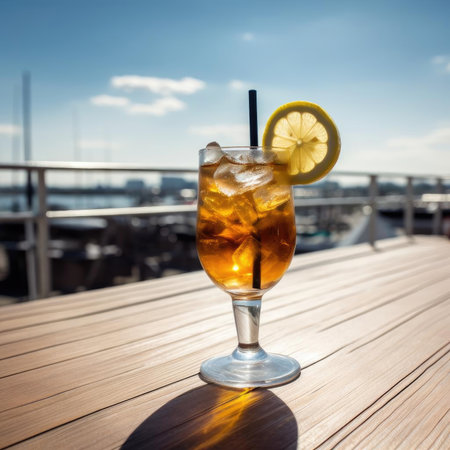 A glass of iced tea with lemon on the terraceの素材