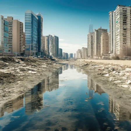 Reflection of high-rise buildings in the water of a dirty riverの素材