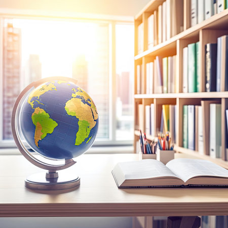 Globe and books on table in library - education conceptの素材