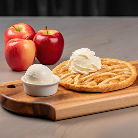Apple pie with vanilla ice cream and fresh apples on a wooden boardの素材