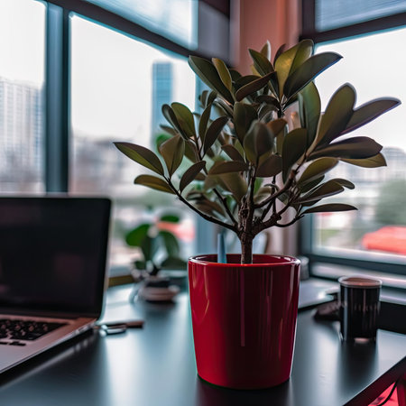 Ficus in a red pot on a black table with a laptop in the backgroundの素材