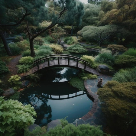 Japanese garden with pond and bridgeの素材