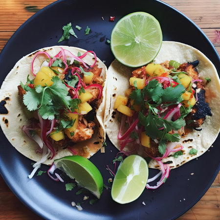 Tacos with mango, red onion, cilantro and limeの素材