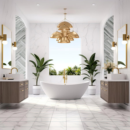 Bathroom interior with white marble walls, tiled floor, comfortable white bathtub and golden lampsの素材