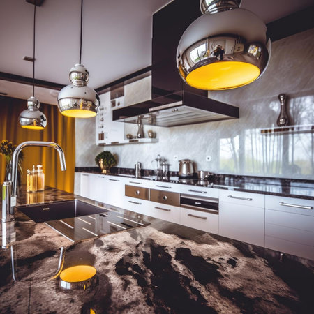 Luxury modern kitchen interior design with black marble countertops and built in appliancesの素材