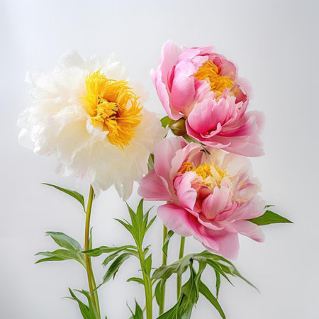Beautiful peony flowers isolated on white background - flat lay, top viewの素材