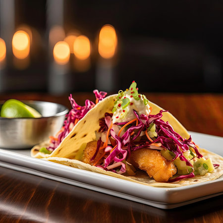 delicious fish tacos with red cabbage and sour cream on wooden tableの素材