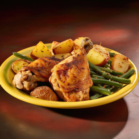 Roast chicken legs with potatoes and green beans on a yellow plateの素材