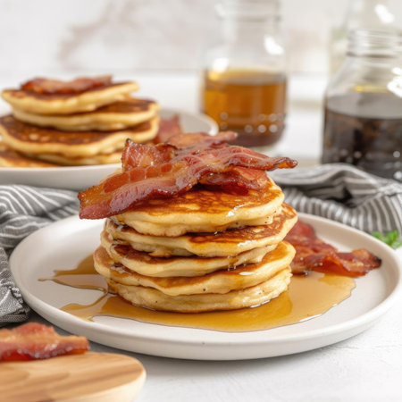 Pancakes with bacon and maple syrup on a white plateの素材