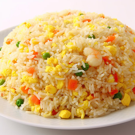 Rice with vegetables on white background, close-upの素材