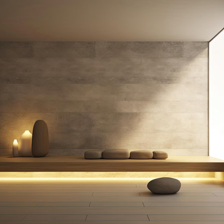 Interior of a modern living room with a concrete wall, a wooden sofa and two candlesの素材