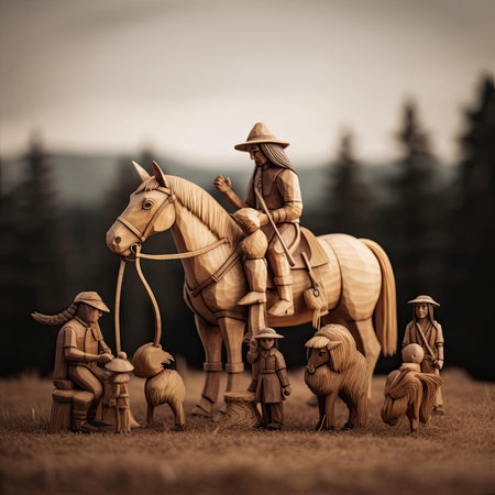 Wood carving of peasants with a horseの素材