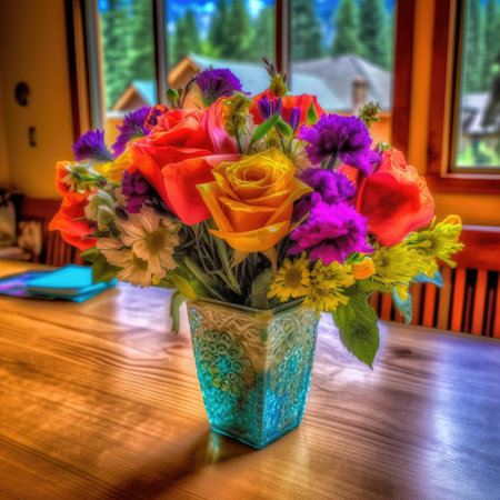 Bouquet of flowers in a vase on a wooden tableの素材