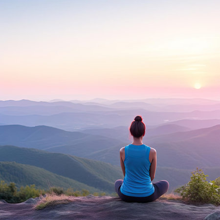 Woman sitting on top of mountain and looking to the valley at sunsetの素材