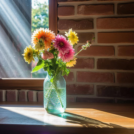 Bouquet of flowers in a vase on the windowsillの素材