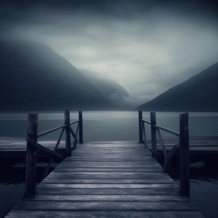 Wooden jetty on a foggy lake with mountains in the backgroundの素材