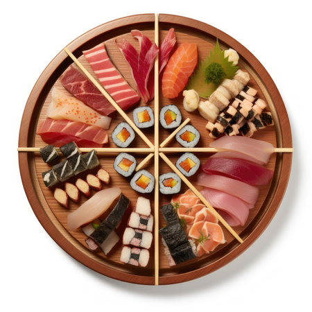Sushi set on wooden plate isolated on white background - top viewの素材