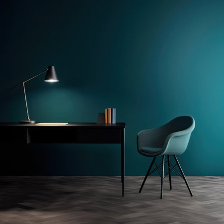 Blue living room interior with a desk, a chair and a lamp - 3D renderingの素材