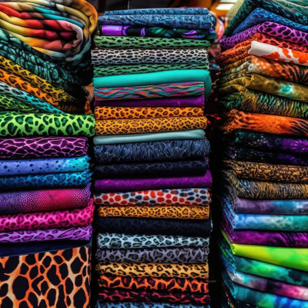 Colorful scarfs for sale in a market stallの素材