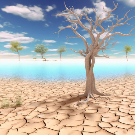 Desert landscape with dry tree and blue sky - concept of climate changeの素材