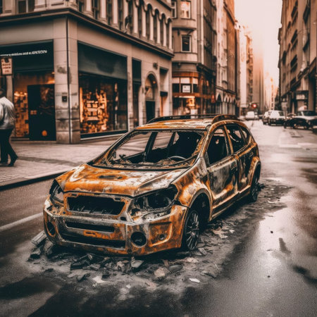 Abandoned burned car on the streetの素材