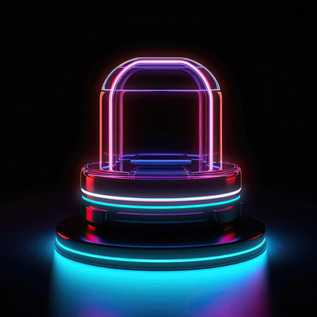 Glowing neon podium on a black background - 3D illustrationの素材
