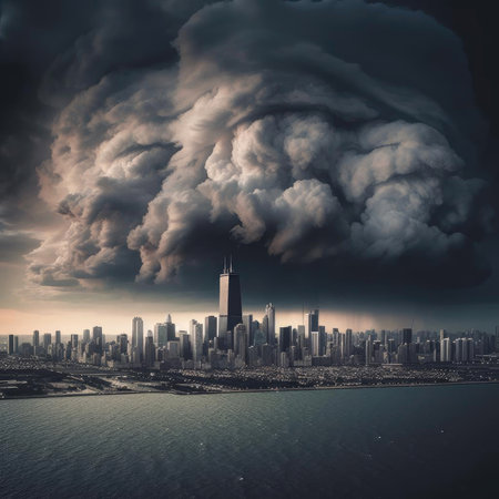 Dramatic clouds over the city - concept of climate changeの素材