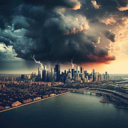 Dramatic sky with stormy clouds over the cityの素材