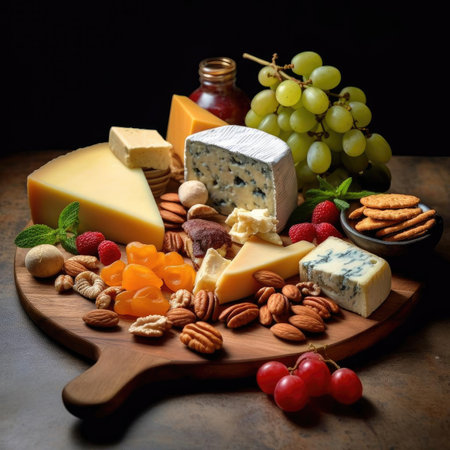 Cheese platter with cheese, grapes, and nuts on wooden tableの素材