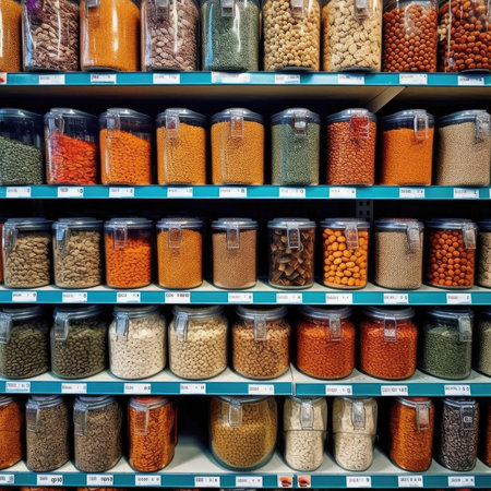 Variety of legumes in a jar on shelves in a supermarketの素材