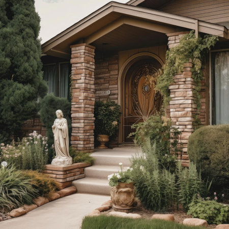 Luxury entrance to the house with stone stairs and flowersの素材