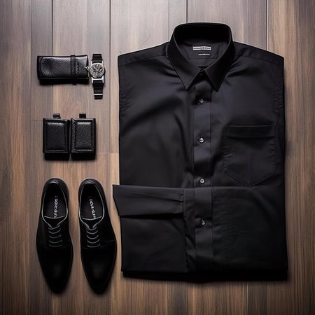 Men's clothing and accessories on a wooden background - flat layの素材