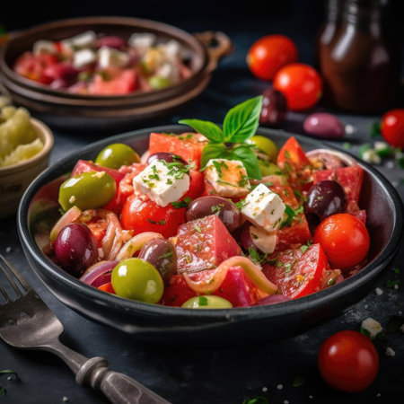 Greek salad with tomatoes, olives, feta cheese, and herbsの素材