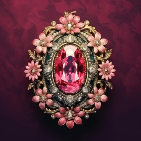 Jewelry brooch with precious stones on a red backgroundの素材