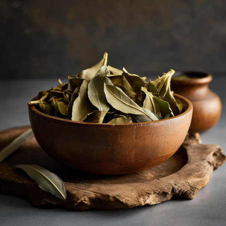 Dried bay leaves in a wooden bowl on a dark backgroundの素材