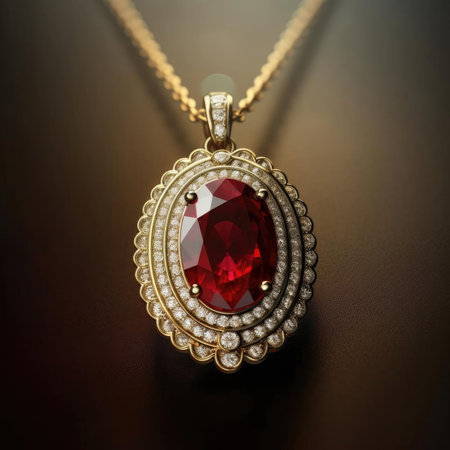 Jewelry pendant with red gemstone on a dark backgroundの素材