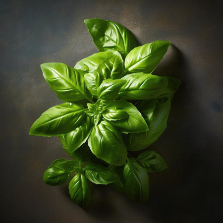 Fresh basil leaves on dark background - top viewの素材