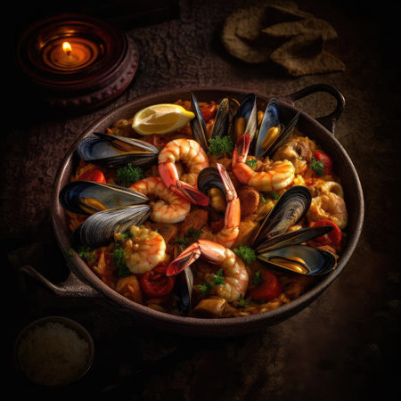 Seafood paella with shrimps, mussels, and prawnsの素材